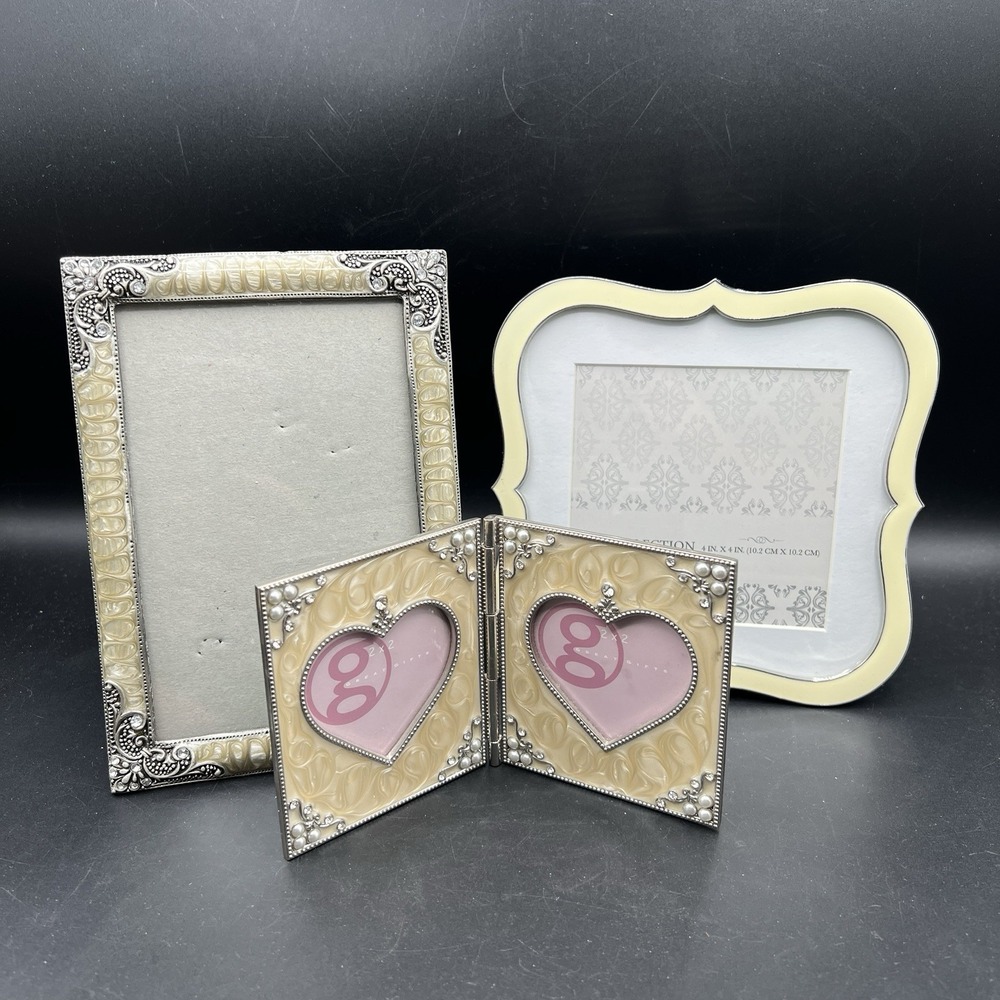 Set Of‎ 3 Enamel Metal & Crystal Picture Frames Neutral Color Cream Beige Silver
